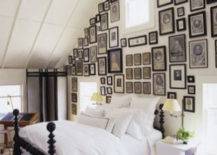 Black poster bed with crisp white bedding! Look at the cute striped mini-bench! White paint wall color! black white blue gray bedroom colors. Eclectic photo wall gallery.