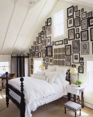 Black poster bed with crisp white bedding! Look at the cute striped mini-bench! White paint wall color! black white blue gray bedroom colors. Eclectic photo wall gallery.