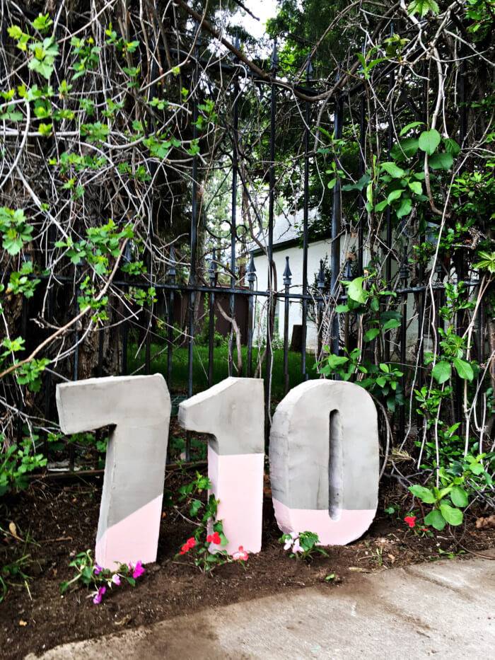 giant cement house numbers painted and in garden