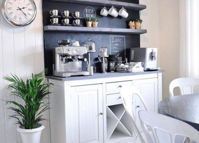 coffee bar with white shiplap and black chalkboard