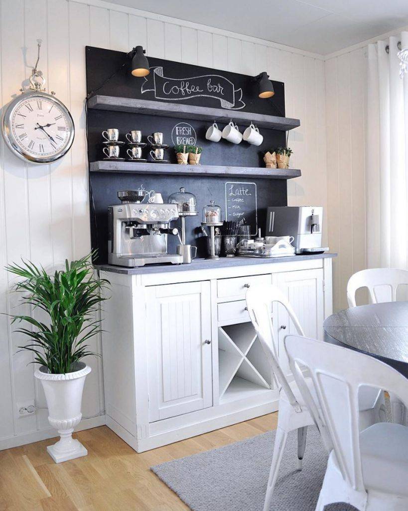 coffee bar with white shiplap and black chalkboard