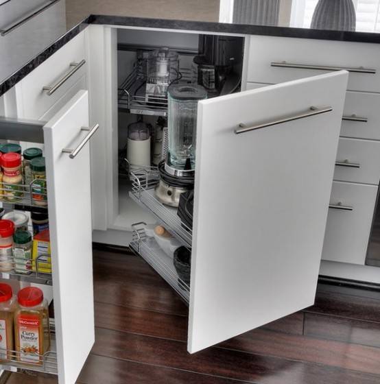 corner white kitchen cabinet with wire storage