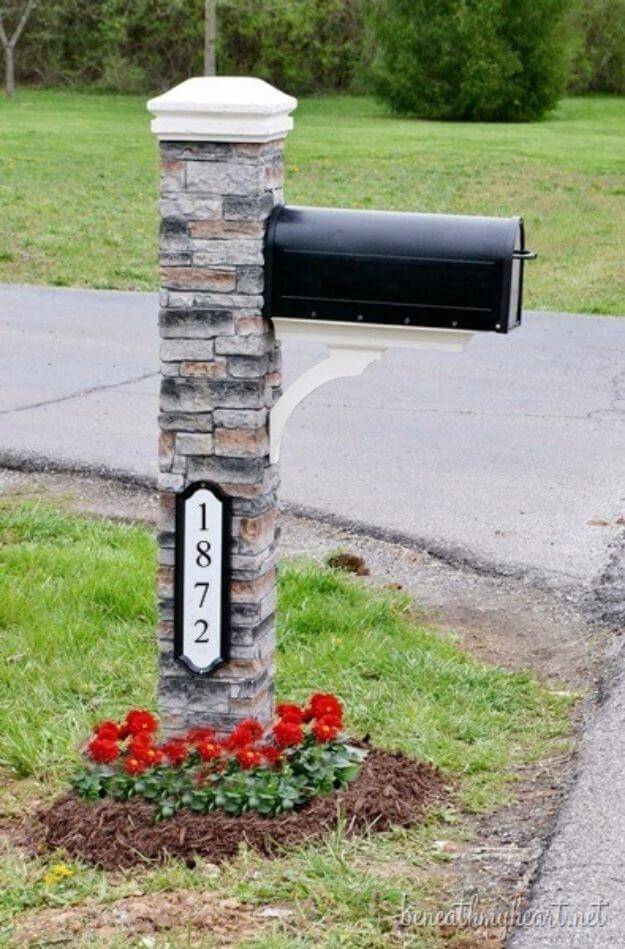 mailbox with house numbers stone pillar black mailbox