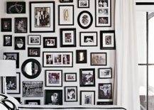 White bedroom with black and white photo wall gallery! White silk drapes, black picture frames and black & white bedding!