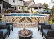 modern marble above ground pool with seating area and fire pit