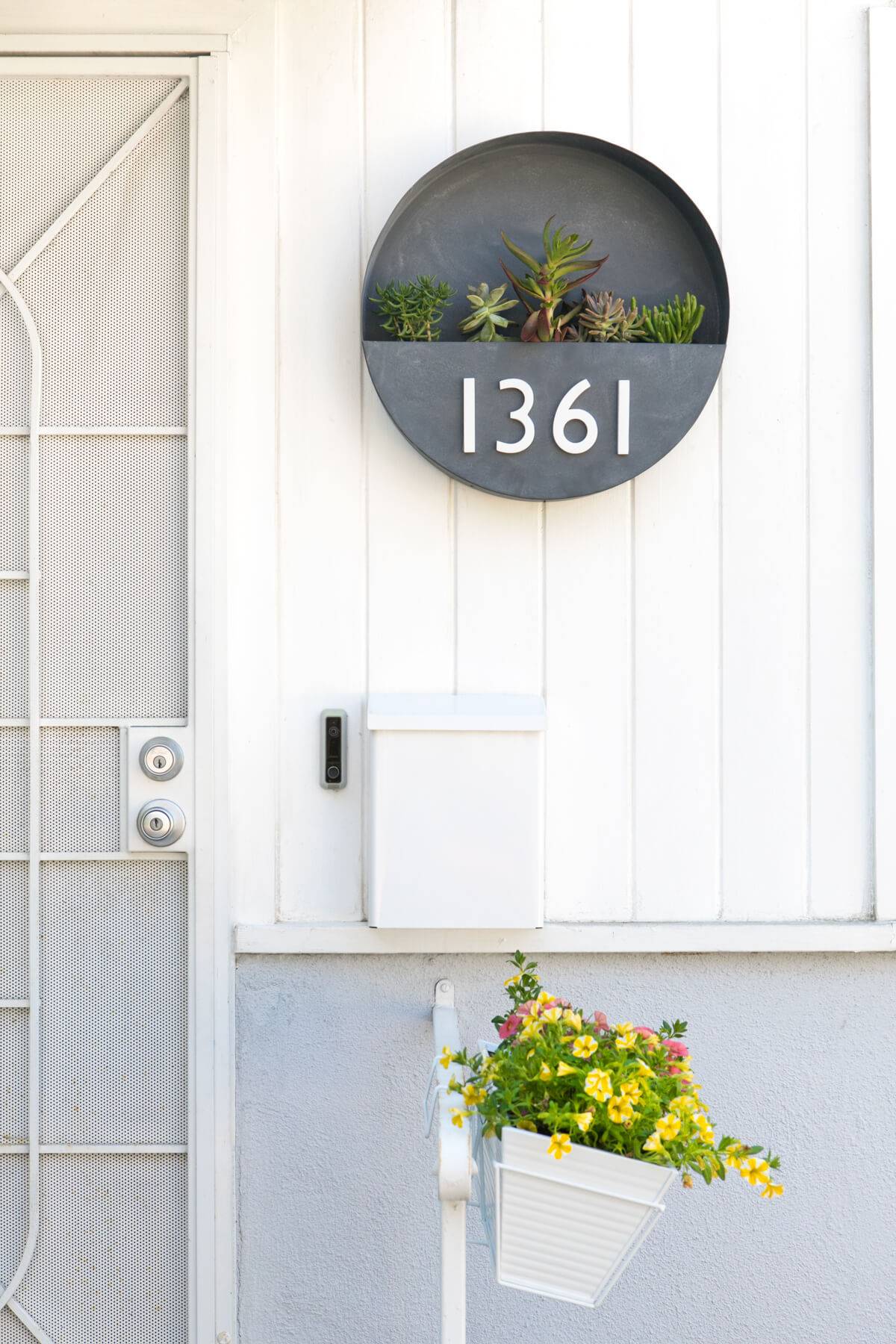 modern cement planter house numbers with succulents white vertical shiplap