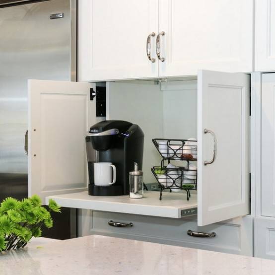 white kitchen cabinets with pull out coffee bar