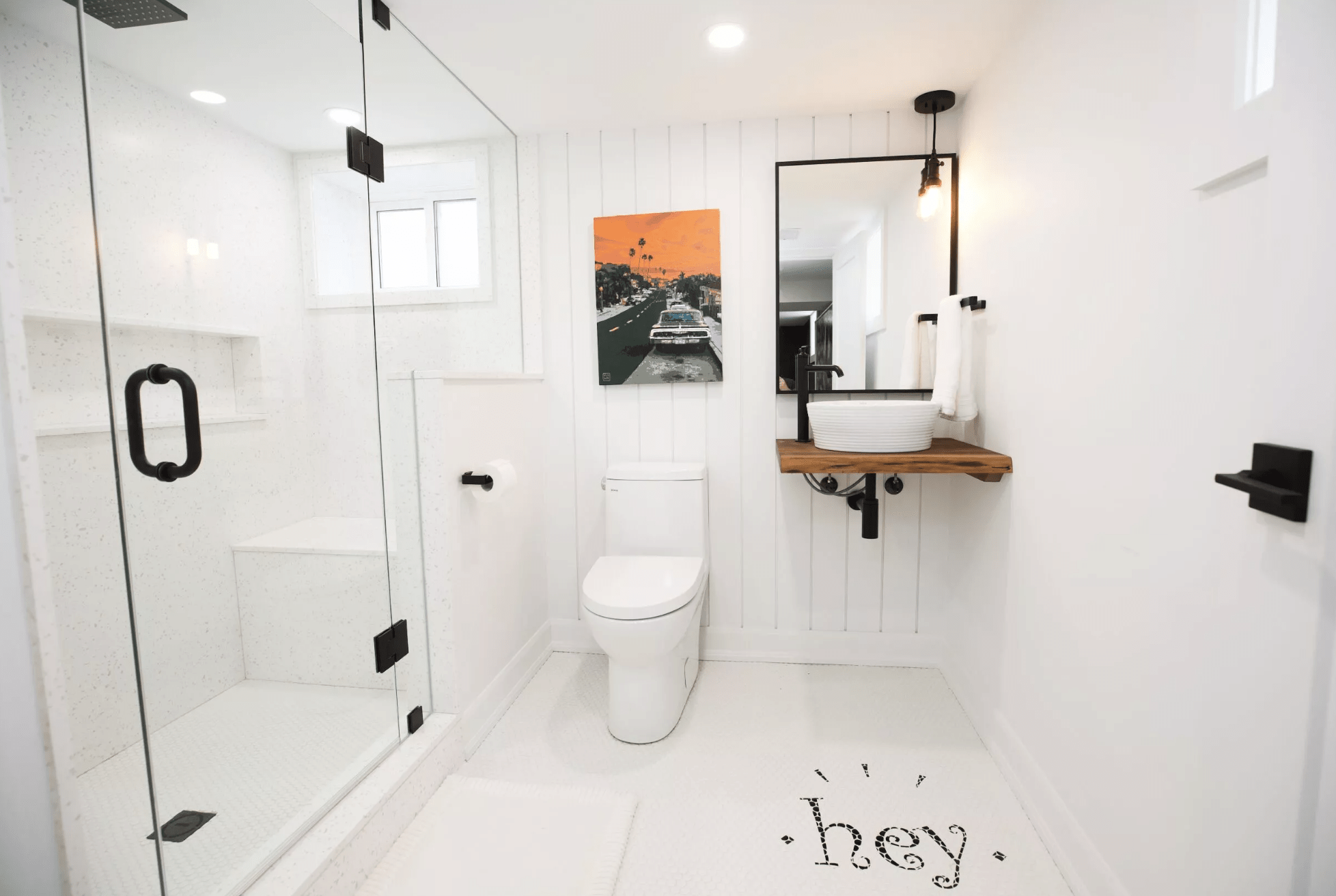 white bathroom tile glass shower door black fixture finishes hey tile design
