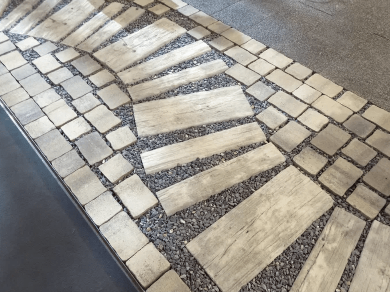 wood walkway on pea gravel