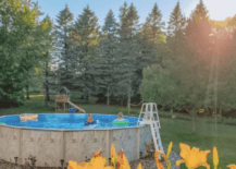 above ground pool with ladder in country surrounded by trees and forest