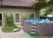 floral pool skirt in backyard with above ground pool