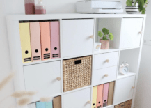 cubby kallax ikea shelf with crafting supplies pastel colored organizers
