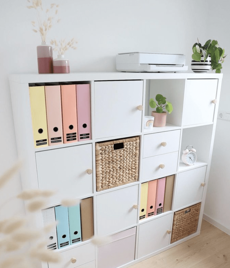 cubby kallax ikea shelf with crafting supplies pastel colored organizers