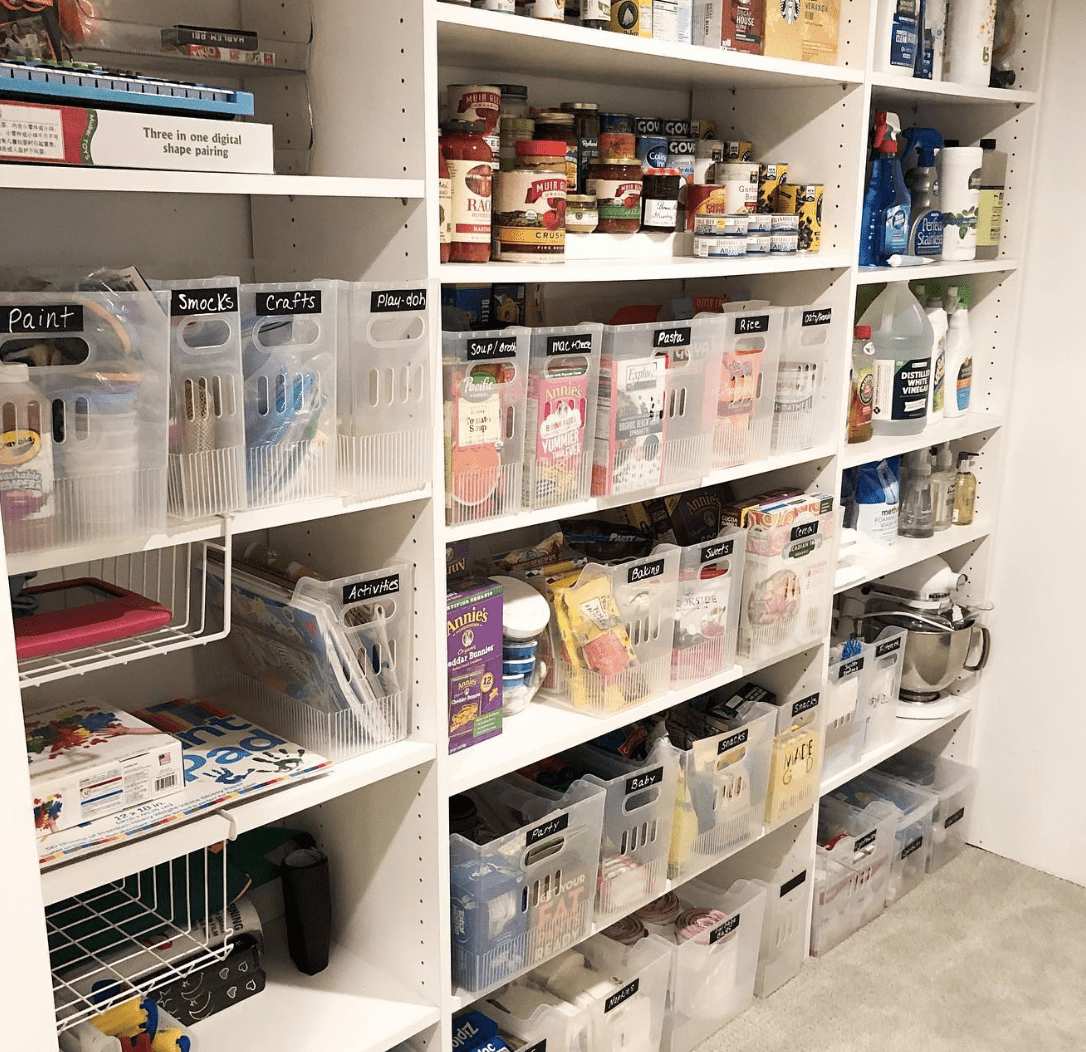 pantry in basement with fully stocked shelves of food