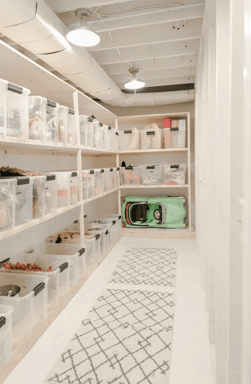 storage shelves in basement with clear plastic totes