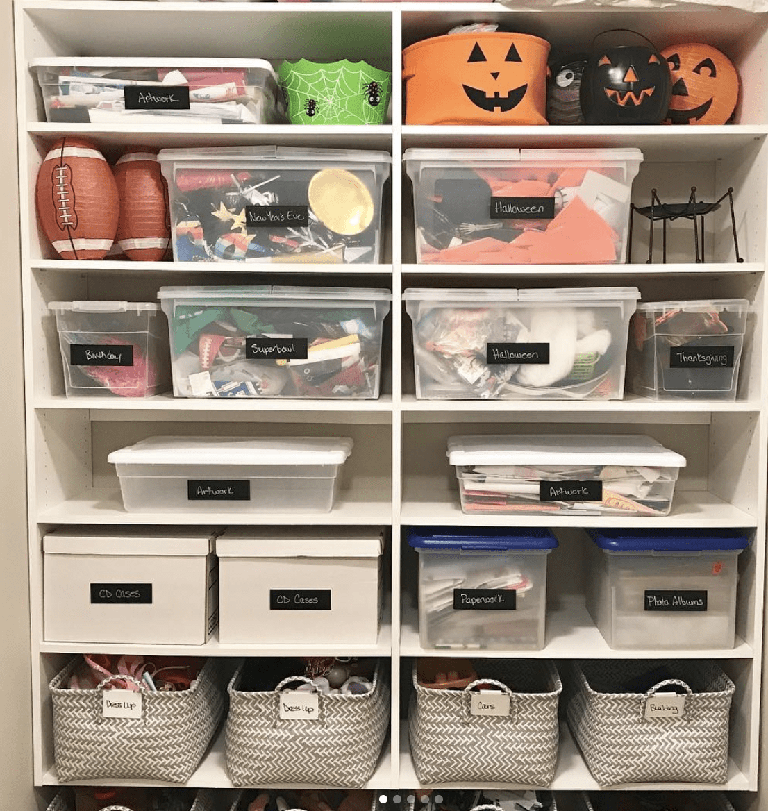 shelving unit in basement with plastic storage totes