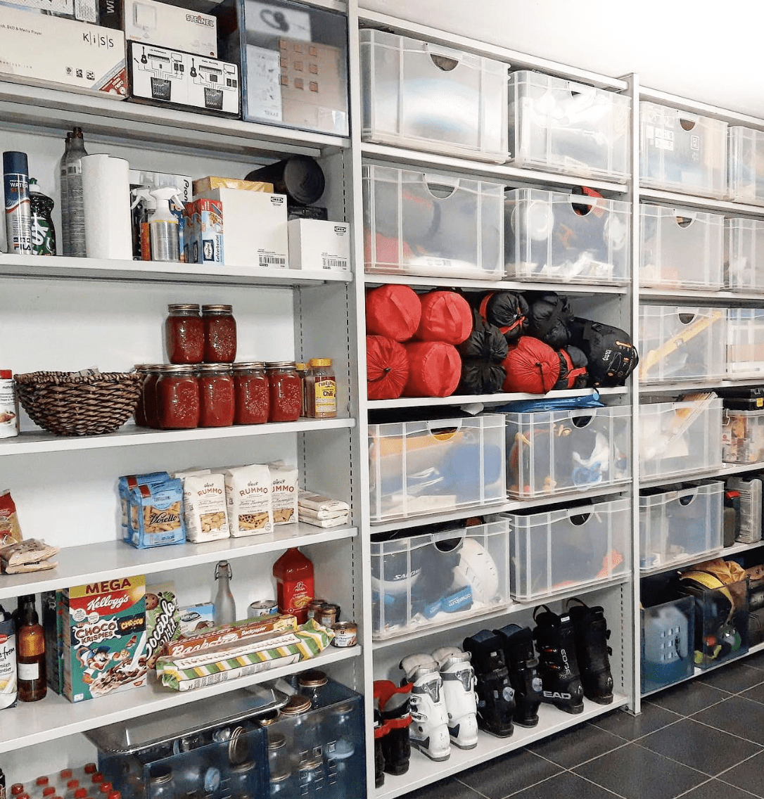 fully stocked shelves in basement