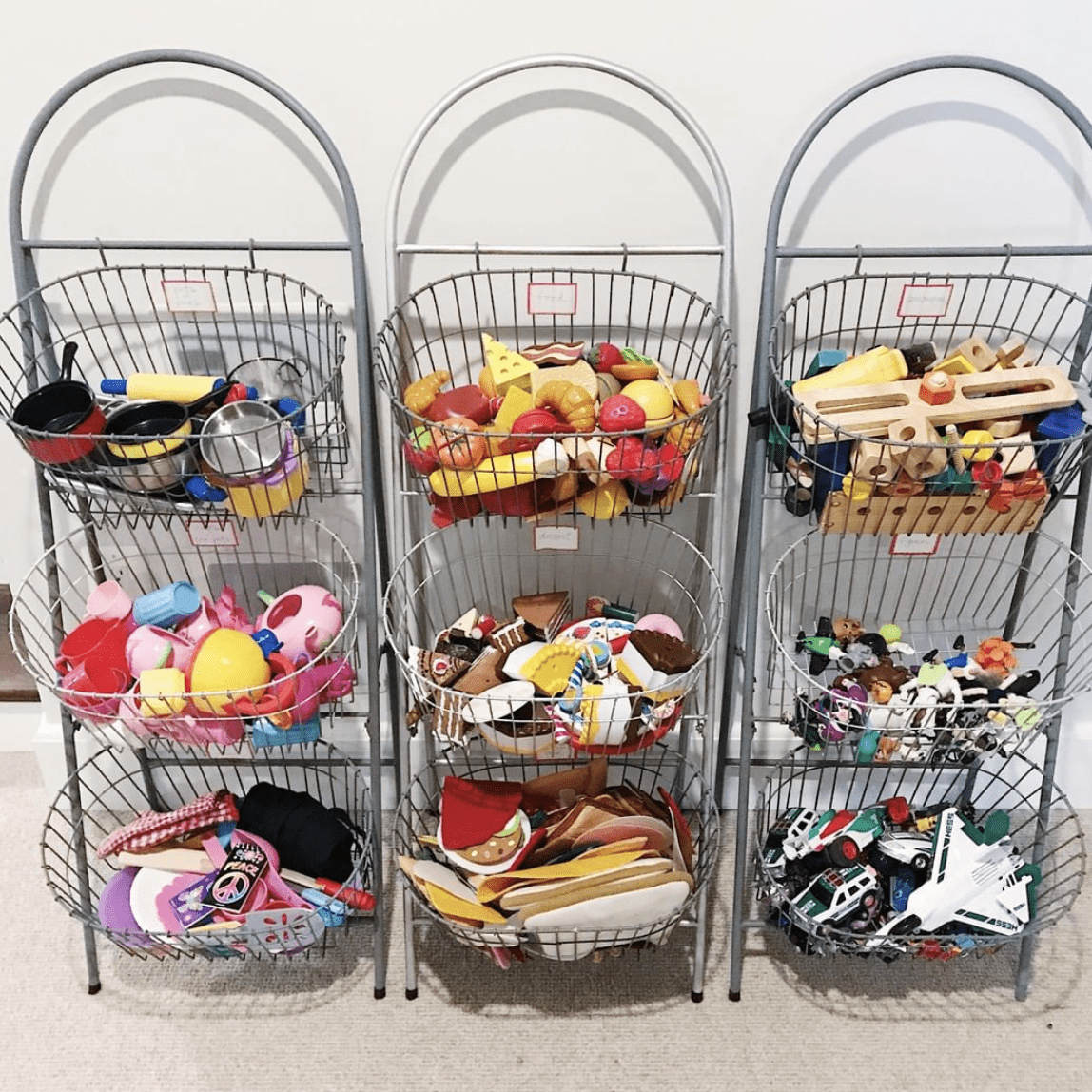 kids toy room shelving wire baskets full of toys