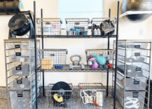 work out organized wire shelving with equipment in basement