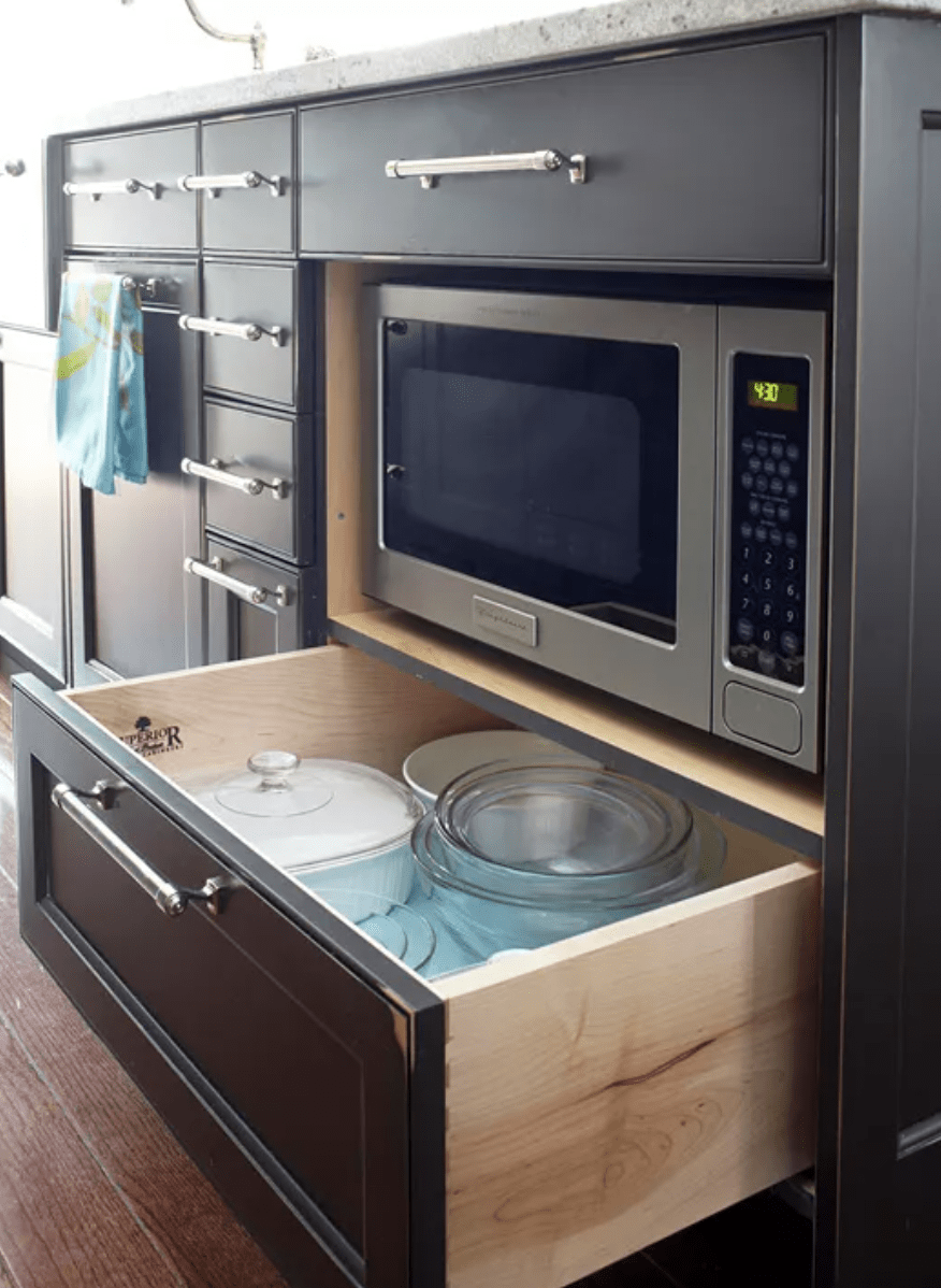 microwave built into island black with drawer