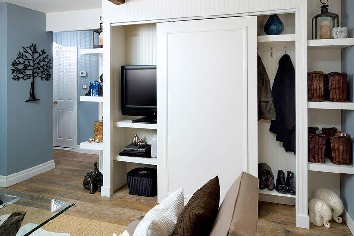 Fantastic living room with blue walls and hardwood floors. The living room features a sliding closet which conceals floating shelves and a flat screen tv on the left and a shoe ledge and coat racks on the right. The closet is flanked by built-in floating shelves holding decorative accents and woven baskets. The wall in leading to the hallway holds a black metal tree sculpture,