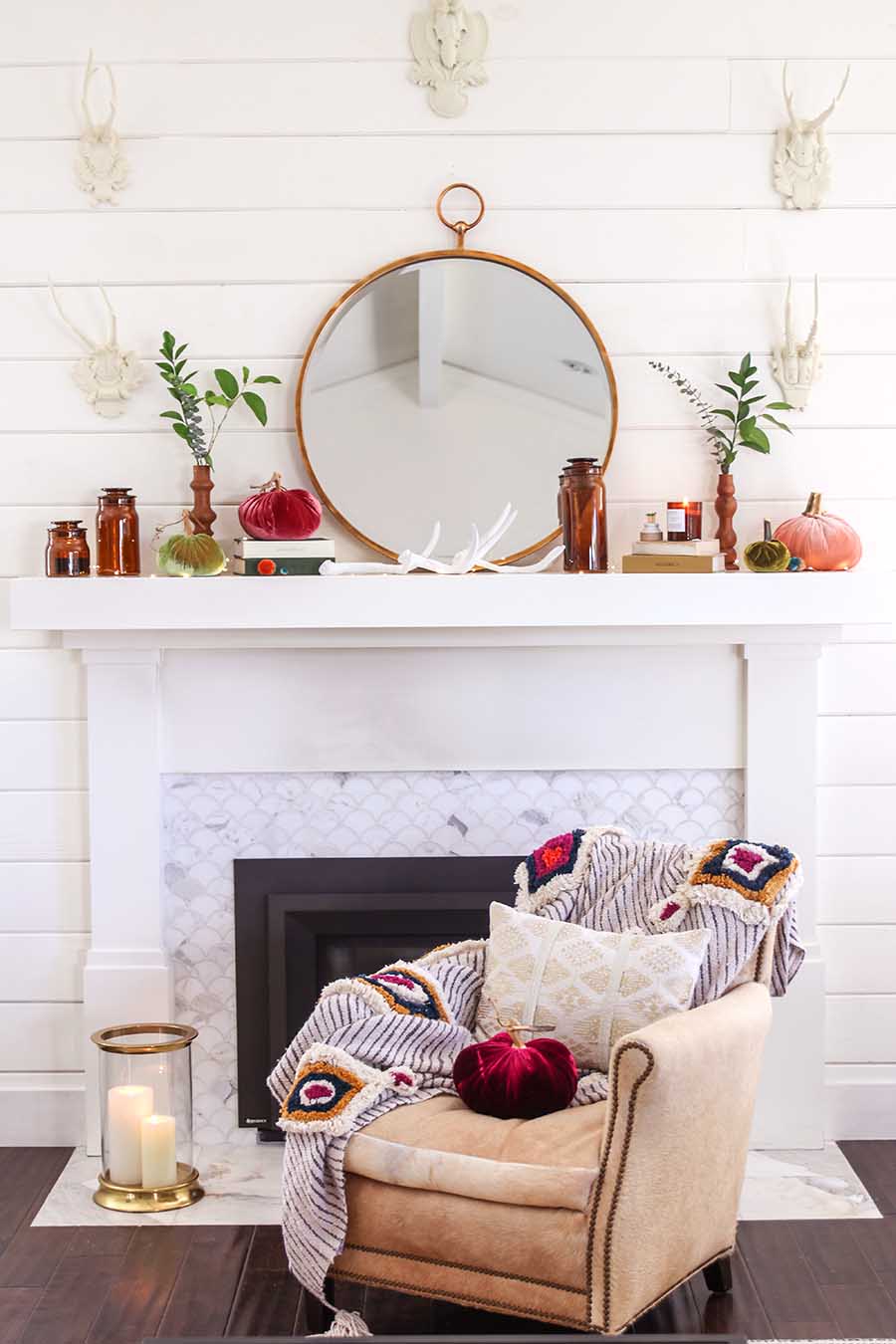 Boho fireplace mantel decor.