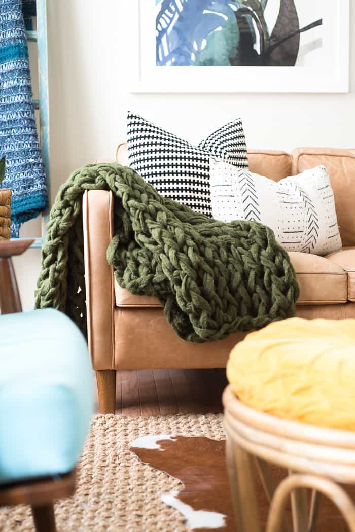 cable knit blanket over couch