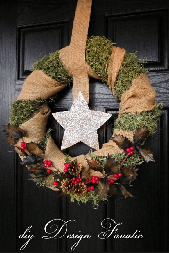 burlap wrapped wreath with evergreen on black door
