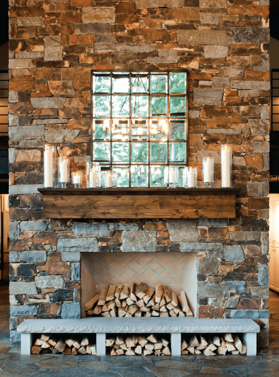Fantastic cabin home with floor to ceiling stone fireplace accented with re-claimed wood fireplace mantle. Stone fireplace features multipanel mirror and collection os glass hurricanes with candles over herringbone firebox. Fireplace hearth has built-in storage cubbies to house cut firewood.