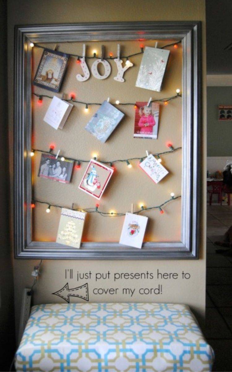 empty frame Christmas card display with lights