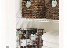 diy bathroom labels for linen closet baskets and folded white towels