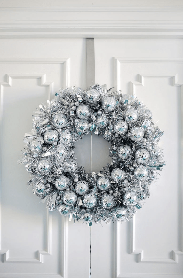silver disco ball wreath with tinsel