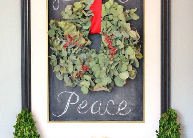 framed christmas wreath with red ribbon on chalkboard framed