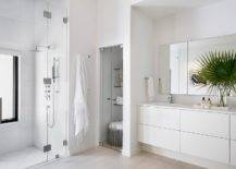 Spacious white master bath features a white linen closet with a frameless glass door, a walk in shower with a frameless glass door and a large rectangular mirror over a white washstand that boasts large drawers and a nickel faucet.