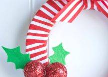 holly berry DIY christmas wreath with red and white ribbon
