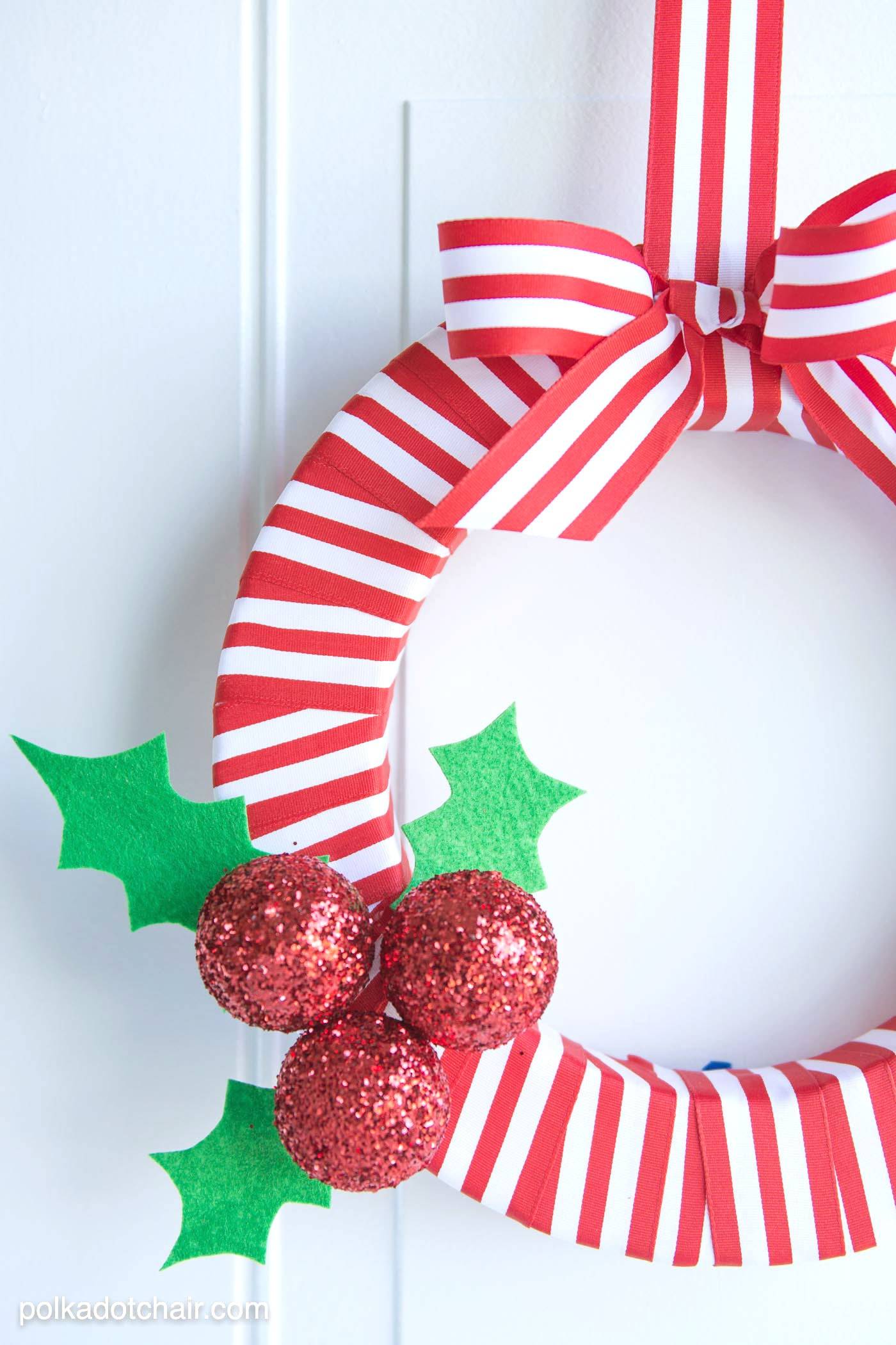 holly berry DIY christmas wreath with red and white ribbon