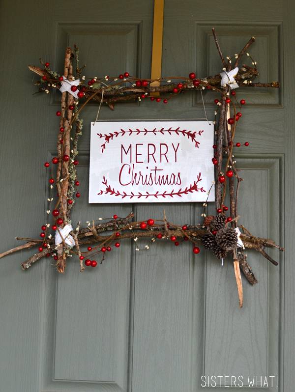 natural sticks wreath with merry christmas sign