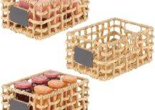 open weave baskets with peaches and jam jars with chalkboard labels