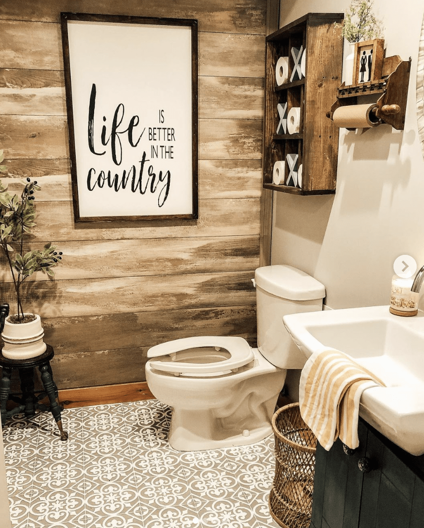 country chic farmhouse bathroom life is better in the country sign toilet painted stencil floor vanity sink tic tac toe toilet paper holder