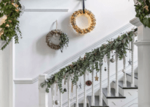 christmas garlands and lights on stairwell
