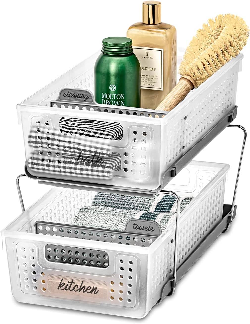 product photo of slide out stackable storage containers with soap and scrub brush
