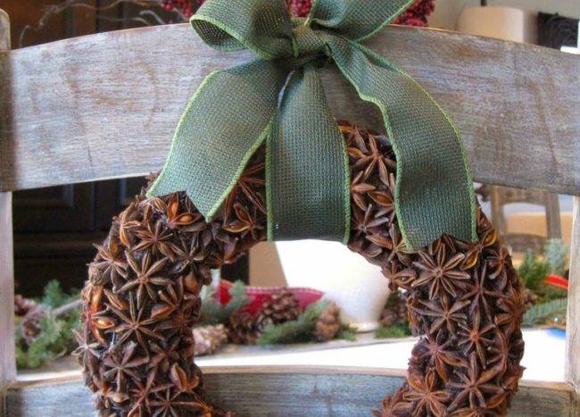 star anise wreath with green ribbon