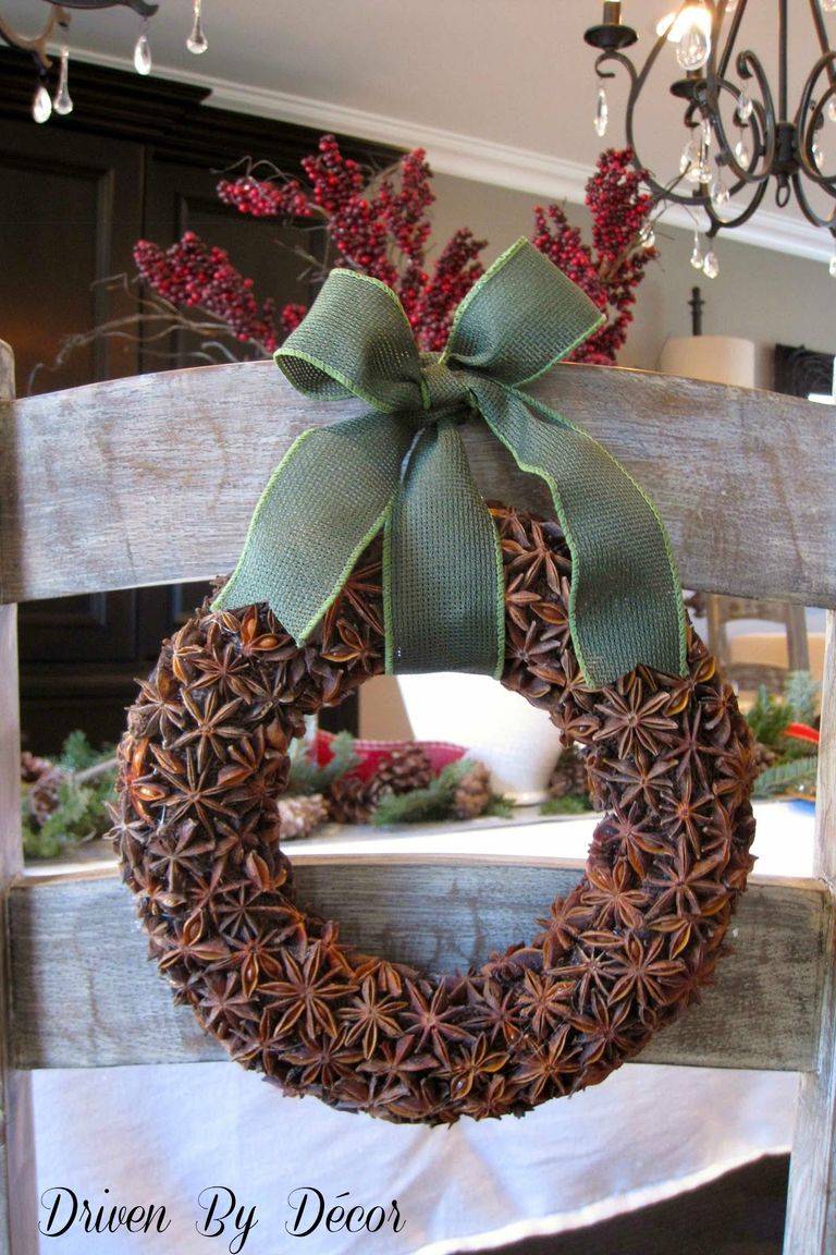 star anise wreath with green ribbon