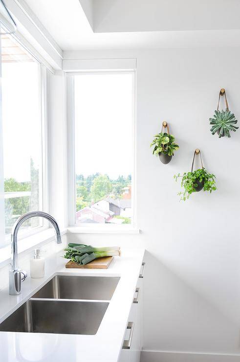 Well appointed white modern kitchen boasts a hanging herb garden mounted on a wall adjacent to white flat front cabinets accented with satin nickel pulls and a white quartz countertop finished with a stainless steel dual sink and a polished nickel gooseneck faucet fixed beneath a window.