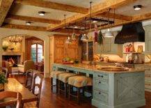 wood beam ceiling kitchen country chic island sage green barn x design stools fabric