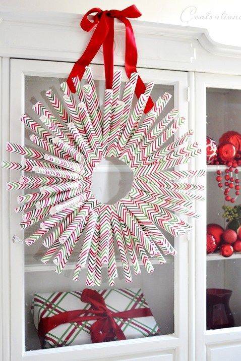 wrapping paper DIY christmas wreath hanging on cupboard
