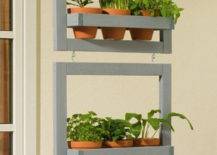 hanging frames with potted terracotta plants potted herbs
