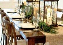 large christmas table decor winter black lanterns with burlap runner with greenery
