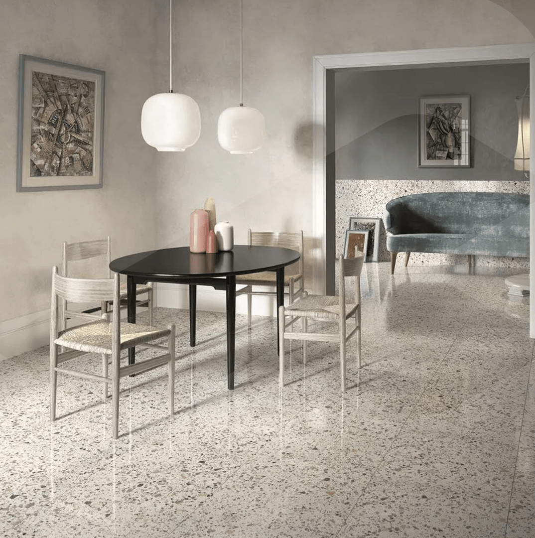 terrazzo floor in wide open modern dining room