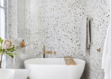 floor to ceiling terrazzo floor shower surrond free standing bath tub